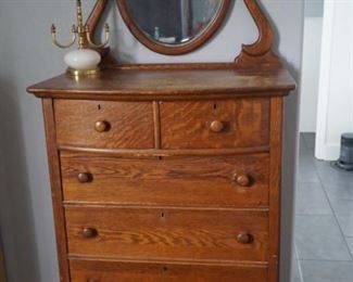 Oak dresser with mirror 72 in tall 31 in  length 19 in deep with brass electrified amp