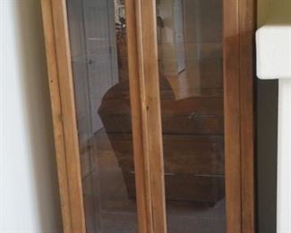 Wooden Cabinet with glass shelves 74 inches Tall, 34 in length 16 in width