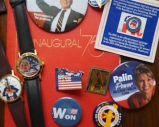 Republican Campaign buttons, Patriotic watches, pins, Inagural 1975 pamphlet