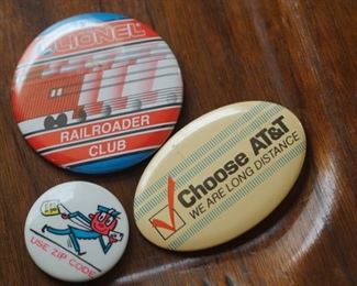 Collectors Buttons including AT&T and Zip code button 
