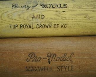 Hillerich and Bradsby Louisville bat Royals 7 Up Royal Crown advertising bat and Pro-Model Maxwell Tyle vintage baseball  bat