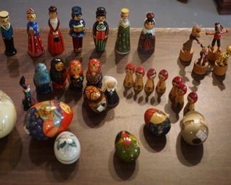 Hand Painted eggs Including Russian and Romanian with handpainted figurines plus nesting dolls