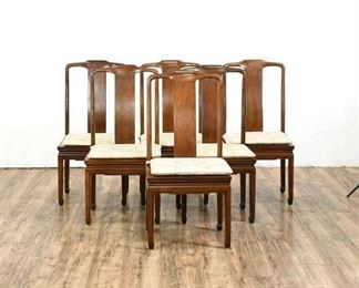 6 Henredon Wood Dining Chairs With Wicker Seats, Brocade Cushions