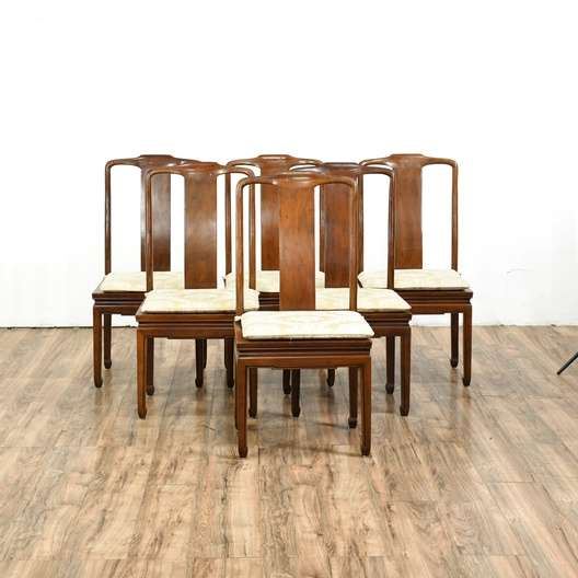 6 Henredon Wood Dining Chairs With Wicker Seats, Brocade Cushions