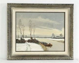Serene Boats On Lake Painting On Canvas By A. Verveen, Signed & Framed