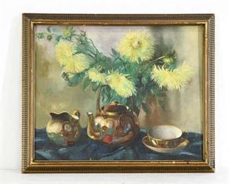 Vintage Oil On Canvas Flowers And Tea Set Still Life Painting, Signed & Framed