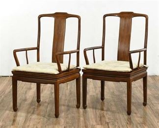 Pair Of Vintage Henredon Wood Arm Chairs With Wicker Seat, Brocade Cushion
