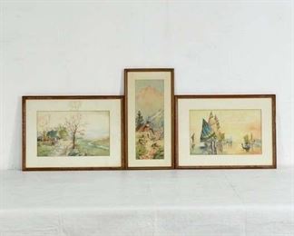 3 Pieces Of Landscape Watercolor Style Art, Matted & Framed