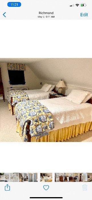 Antique twin tie beds with custom bedding