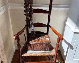 Antique chair  is late 18th century from Rhode Island. I have receipts! The sewing box is so pretty and the set of reindeer bells is a must have for the holiday season!