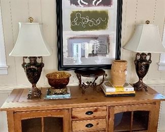 Jennifer Van Winkle original artwork, pine console and wildwood lamps!