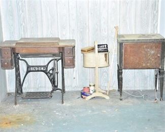 77. Two 2 Vintage Singer Sewing Machine wWood Cabinet  Cast Iron Stand