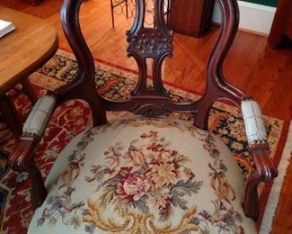 Reproduction Elizabeth Browning needlepoint chairs -- 1 of 2 chairs (1 w/arms, 1 w/o arms)
