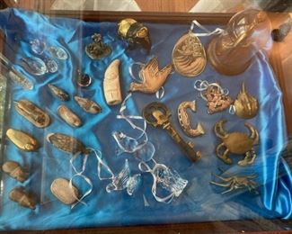Collection of smalls; Waterford & Orrefors glass ornaments, sterling ornaments, etc.