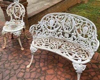 Antique cast iron bench and chair