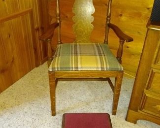 Antique chair and tiny red ottoman