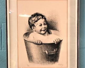 Boy in Tub Drawing, White Sulphur Springs Artist Signed  Numbered