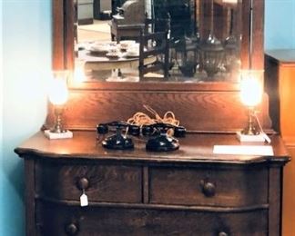 Oak Dresser with Pair Electric Hurricane Lamps 