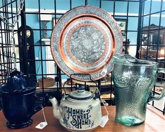 Tooled Metal Tray, Blue Glass Juicer, Coca Cola Pitcher