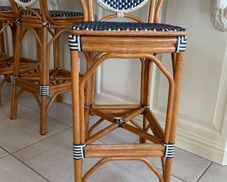 One of 4 French style blue and white bar stools