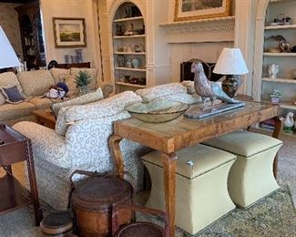 Chinese rice and sewing baskets, silk scatter rug, sofa table, matching stools 