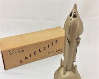 Action Satellite Coin Bank with Box, Duro Mold & Mfg. Detroit 34, MI, Windsor Federal Savings Assoc., Windsor, Connecticut, 10 1/2" H.