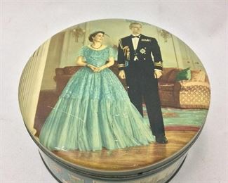 Vintage Huntley & Palmers Biscuit Tin, Queen Elizabeth and Prince Phillip, 7" diameter. 