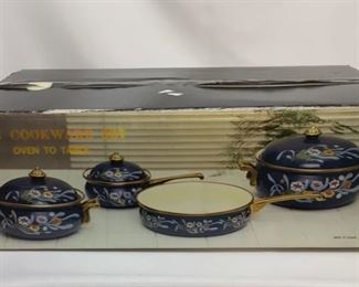 Vintage blue flower 7 piece cookware, new in box