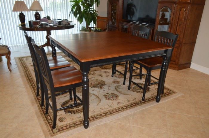 Furniture of America FOA Sallie Solid Wood Extendable Counter Height Pub Dining Table in Black and Antique Oak. Shown with one 18" leaf inserted. Set with four chairs