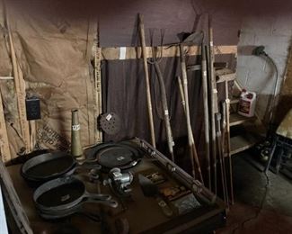 CAST IRON PANS- GARDEN TOOLS-BRASS FIRE HOSE NOZZEL