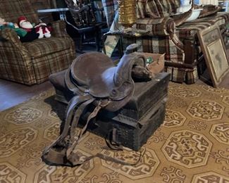 ANTIQUE SADDLE -EARLY STAGE COACH TRUNK