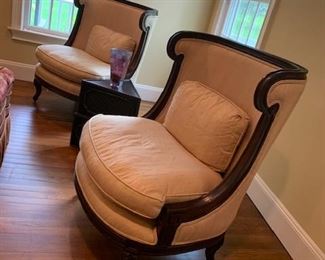 pair of formed walnut wing chairs