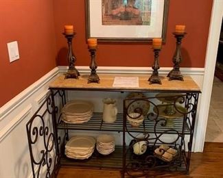 marble top server wrought iron frame/center-pull outdoors/glass shelves 