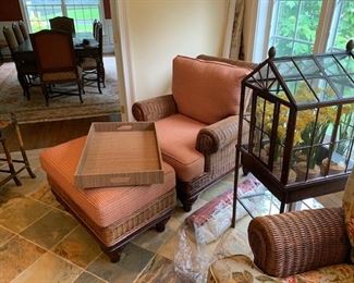 Henery Link / 4 pieces wicker and mahogany  / Bwrought Iron Bird Cage on Stand - glass top and side doors 