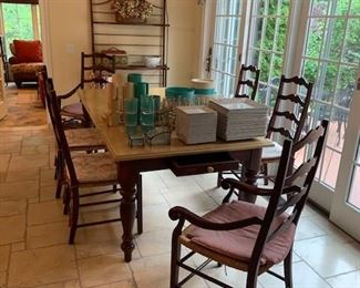 pine country french table / 6 chairs - wrought iron bakers rack 