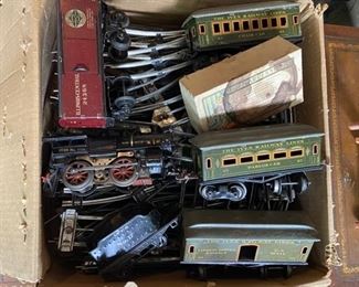 Pre WWII -- Ives model train set--steam locomotive #1118, tender #17, passenger cars # 61-62, baggage car #60, Illinois boxcar#24368, quality of O gauge track with junctions