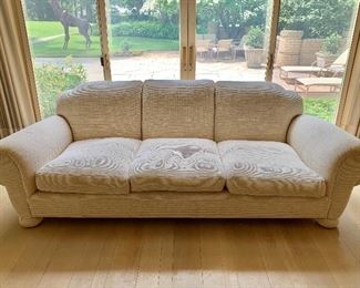 $895 - Oversized, custom made chenille upholstered sofa with 3 down filled cushions; 34"H x 100" W x 40"D. Height to seat is approx. 18.5"H 