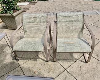 $120 - Pair of patio chairs 28"H x 24.5"W x 28.5"D. Height to seat is approx. 17.5"H 