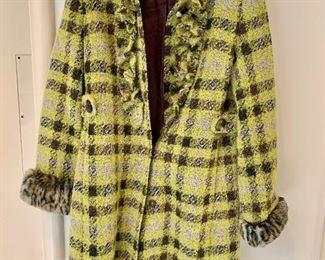 $65 - Sara Campbell plaid coat with ruffle front and faux fur cuffs; size M