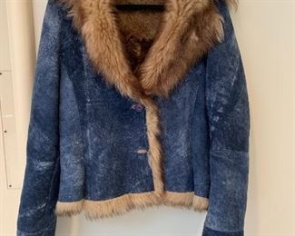 $225 - Sued Mod fur lined coat; Blue denim with caramel lining; Size M.  