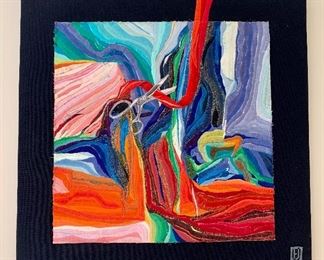 $295  - BJ Adams fiber art "The Red Tape Landscape"; 21" x 21" 