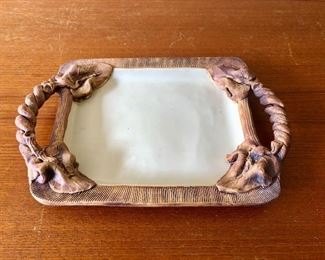 $50 - Ceramic hand formed handled platter; KS#103; 12" W x 8.5" D 