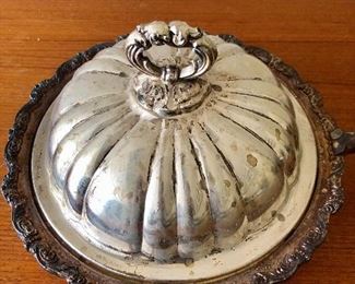 $30 - Vintage covered silver plate serving dish with cover - KS#125; 6.5" H x 10.5" diameter (18" with handle)