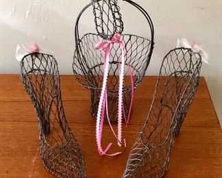$30 - Lot of wire basket & wire shoes; KS#140; 12" H (basket); 6" H (shoes)
