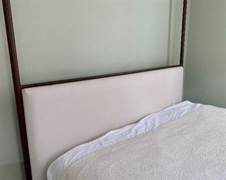 $495 - Queen size metal four poster bed with linen headboard - KS#6  82"H x 65"W x 84"L; PICKUP IN NW DC