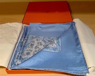 $360 - Hermes “Chemin de Garrigue” blue silk scarf KS#28; hand rolled edges; approx 33” square; NWT and box