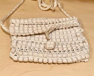 $55 - Armani woven bag  KS#32   5"H x 7"W ; as is - a few beads missing on back of bag 