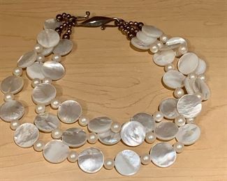 $38 - Triple strand mother of pearl fashion necklace with S clasp KS#57; approx 17"