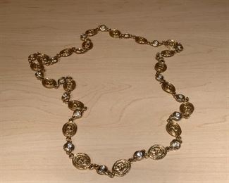 $38 - Fashion necklace; goldstone and rhinestone baubles KS#60; approx 38" L