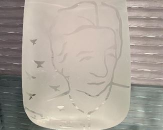 Signed frosted glass art;  image of Golda Meir; 7'H x 6"W 